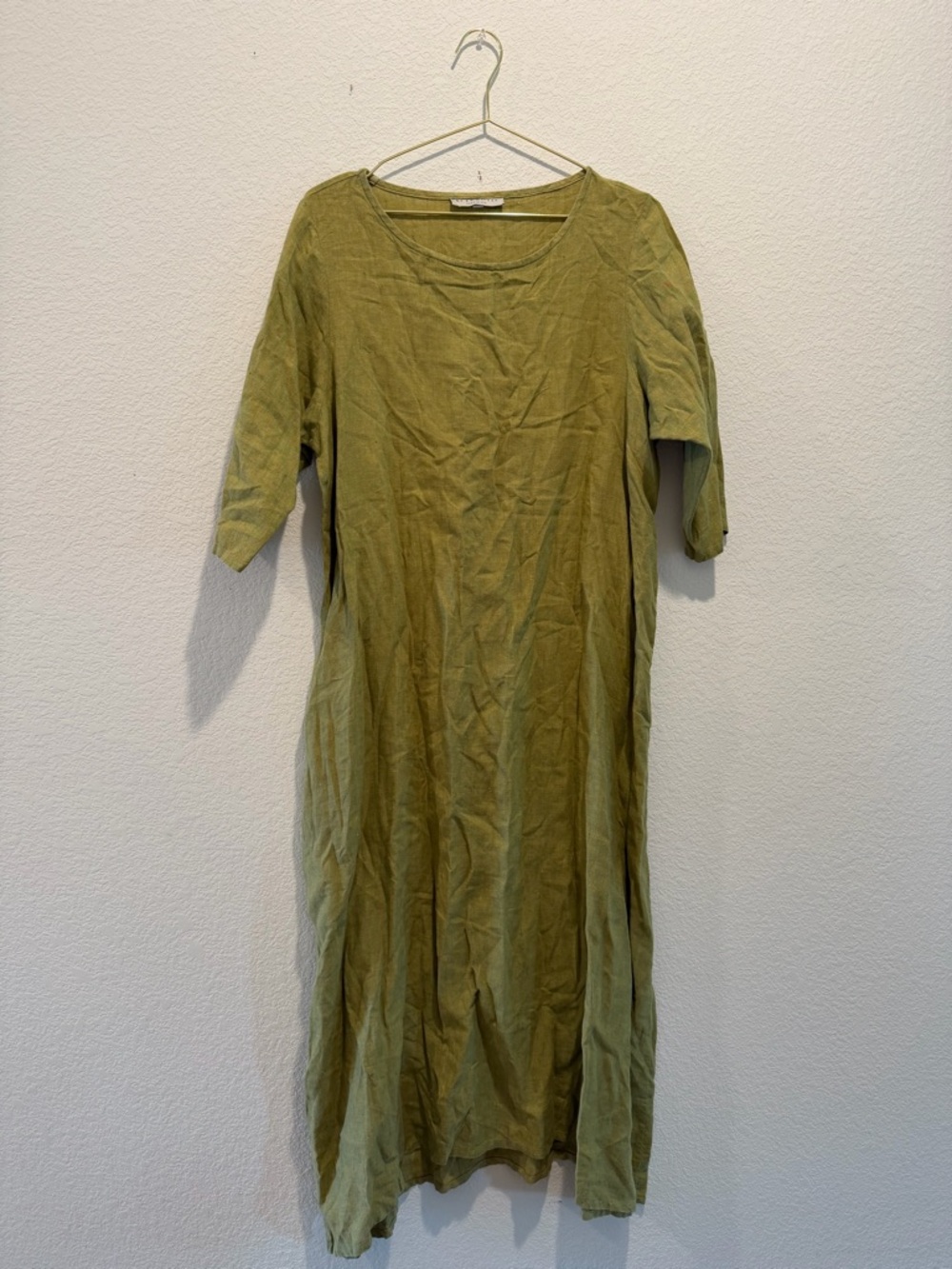 Bryn Walker 100% linen maxi dress lagenlook olive green artsy boho